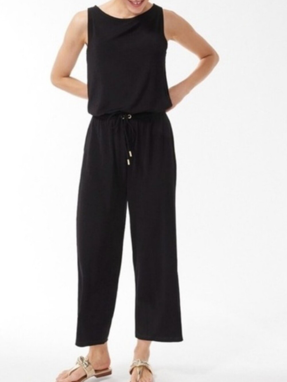 Chico's Travelers Black Sleeveless Jumpsuit Drawstring Wide - Leg Size 3 (16/18)